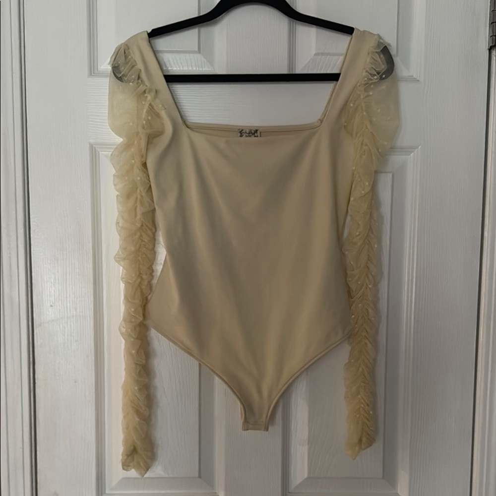 Free People Cream Ruffled Asymmetrical Bodysuit